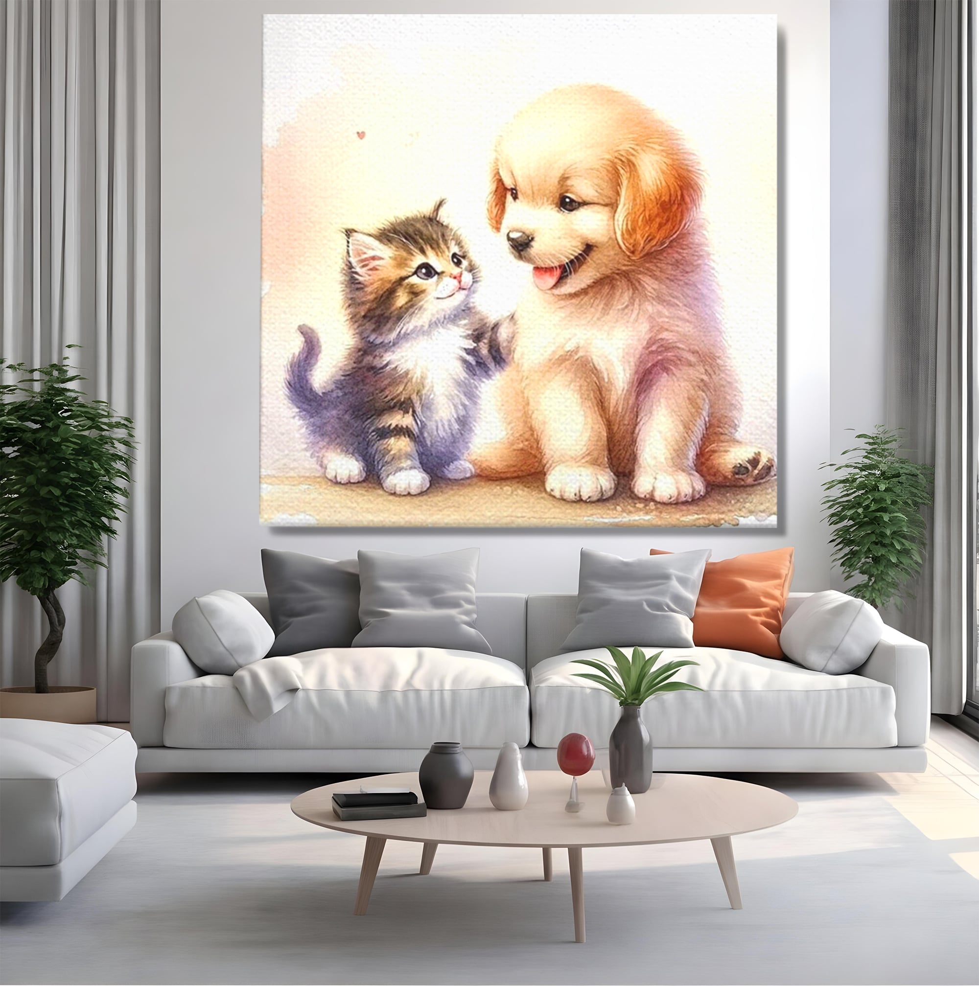 Tablou canvas cu ilustratie acuarela cu catel si pisicuta, fara rama, pe sasiu de lemn, pe perete intr-un living